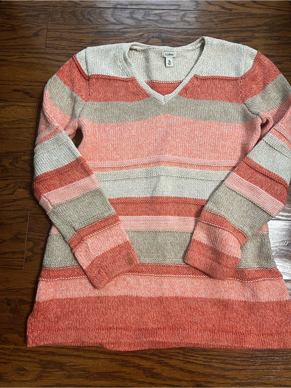 L.L. Bean Heavyweight Knit Cotton Coral & Beige Striped V-Neck Sweater